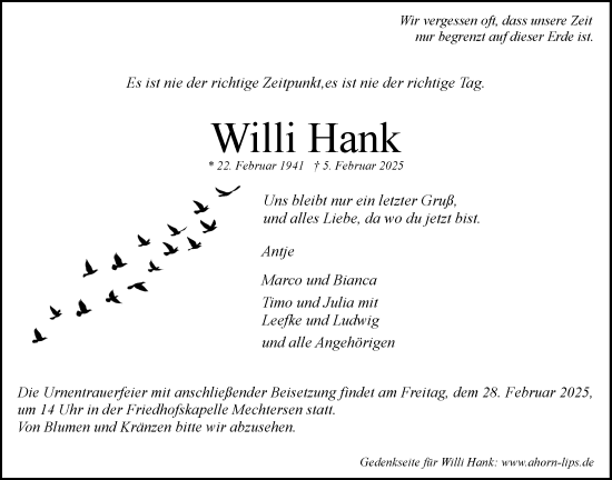 Anzeige von Willi Hank von LZ