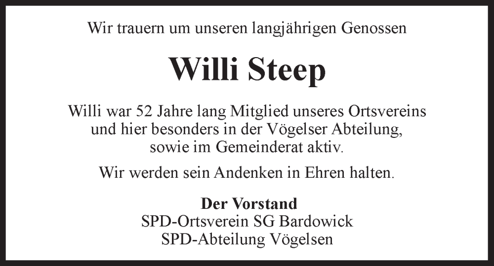  Traueranzeige für Willi Steep vom 08.02.2025 aus LZ