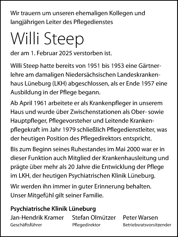  Traueranzeige für Willi Steep vom 08.02.2025 aus LZ