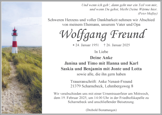 Anzeige von Wolfgang Freund von LZ