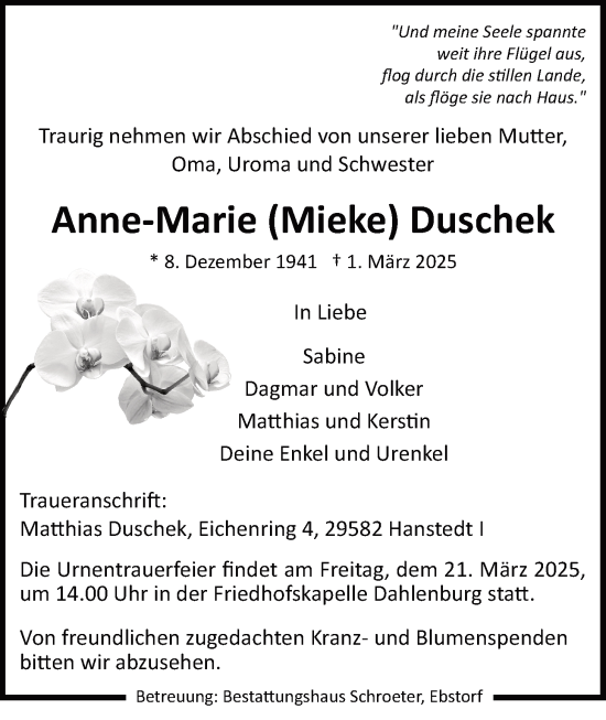 Anzeige von Anne-Marie Duschek von LZ