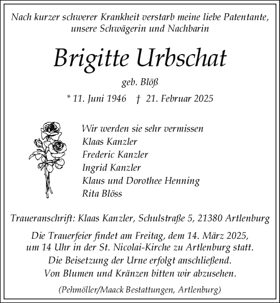 Anzeige von Brigitte Urbschat von LZ