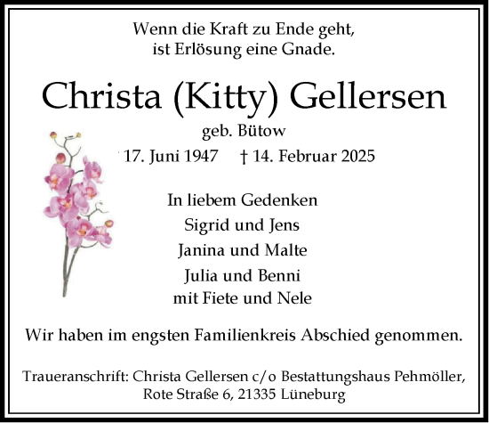 Anzeige von Christa Gellersen von LZ