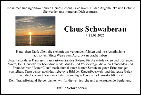 Anzeige von Claus Schwaberau von LZ