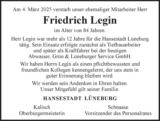 Anzeige von Friedrich Legin Legin von LZ