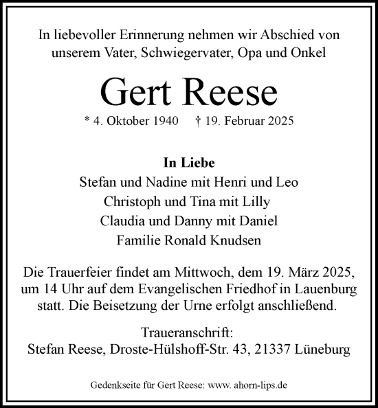Anzeige von Gert Reese von LZ