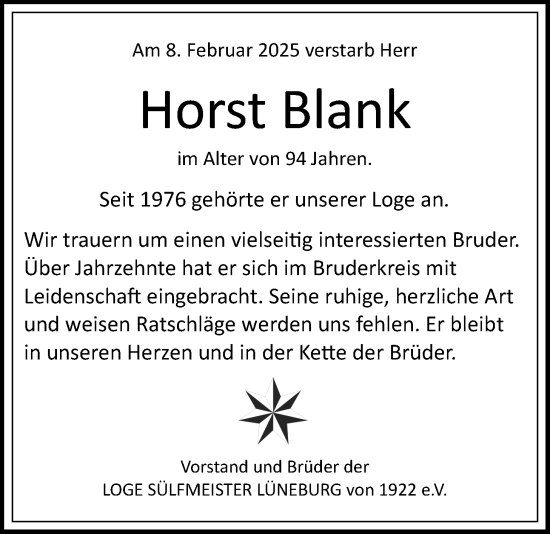 Anzeige von Horst Blank von LZ
