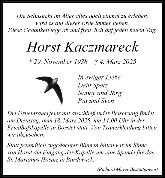 Anzeige von Horst Kaczmareck von LZ