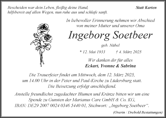 Anzeige von Ingeborg Soetbeer von LZ