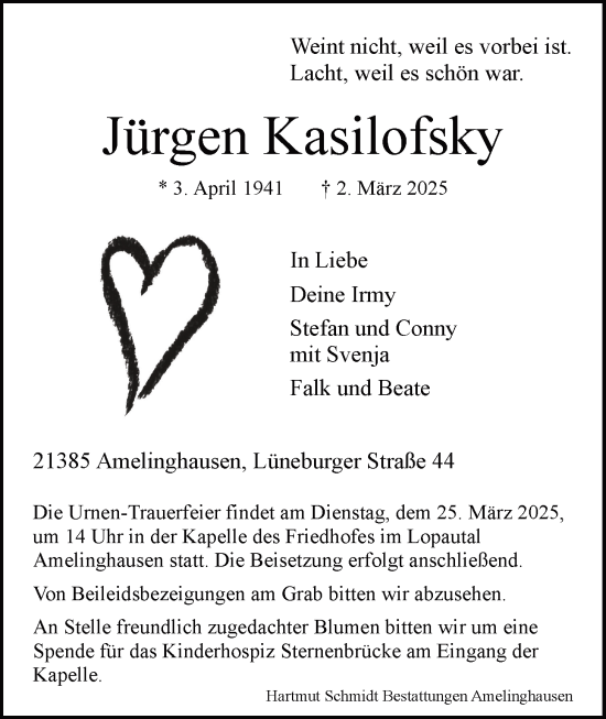 Anzeige von Jürgen Kasilofsky von LZ