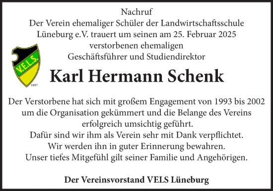 Anzeige von Karl Hermann Schenk von LZ
