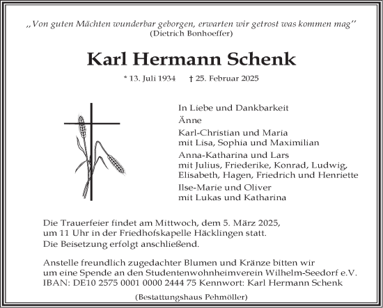 Anzeige von Karl Hermann Schenk von LZ
