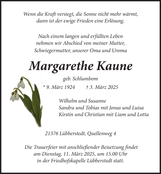 Anzeige von Margarethe Kaune von LZ