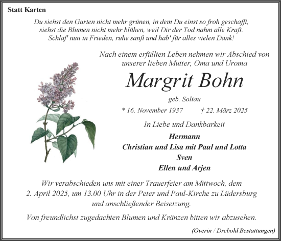 Anzeige von Margrit Bohn von LZ