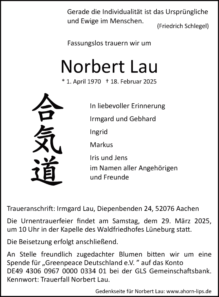  Traueranzeige für Norbert Lau vom 08.03.2025 aus LZ