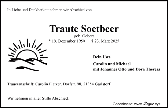 Anzeige von Traute Soetbeer von LZ
