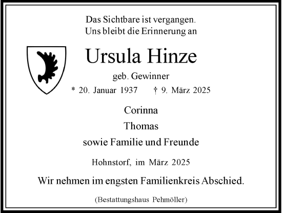 Anzeige von Ursula Hinze von LZ