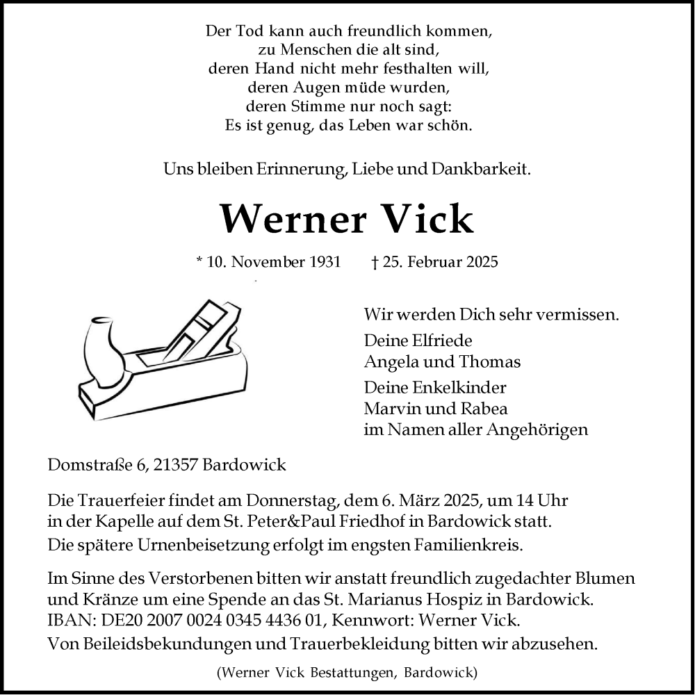  Traueranzeige für Werner Vick vom 01.03.2025 aus LZ