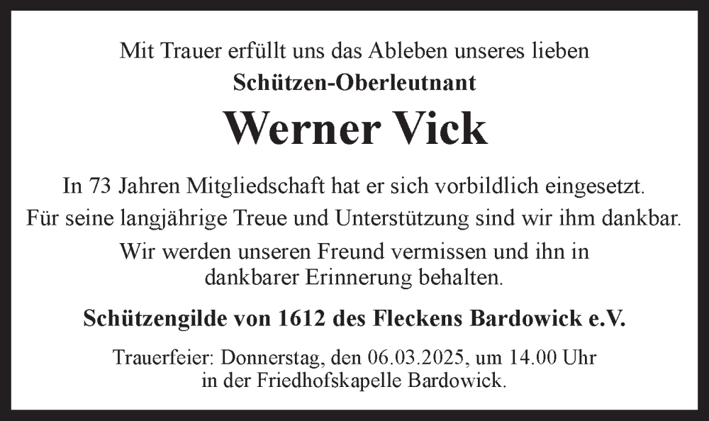  Traueranzeige für Werner Vick vom 01.03.2025 aus LZ