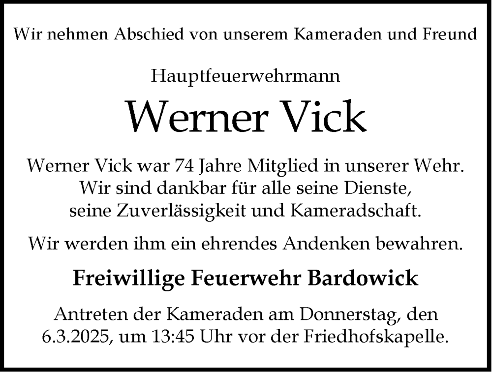  Traueranzeige für Werner Vick vom 01.03.2025 aus LZ