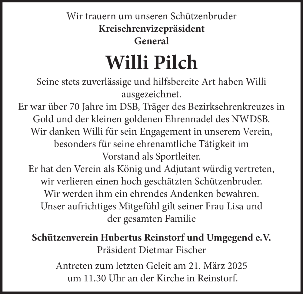  Traueranzeige für Willi Pilch vom 08.03.2025 aus LZ