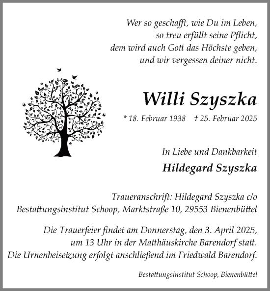 Anzeige von Willi Szyszka von LZ