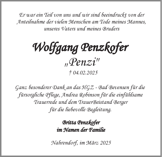 Anzeige von Wolfgang Penzkofer von LZ
