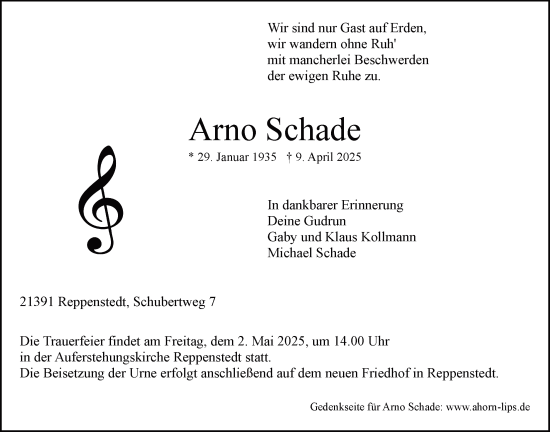 Anzeige von Arno Schade von LZ