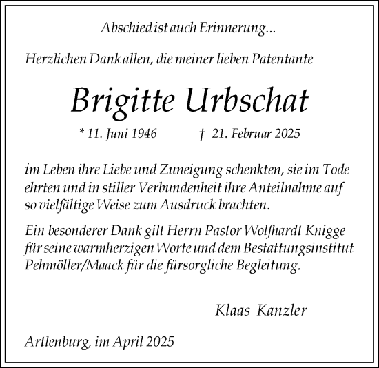 Anzeige von Brigitte Urbschat von LZ