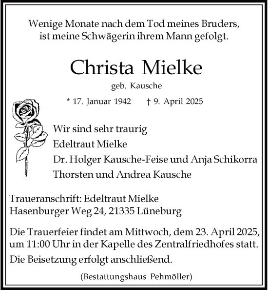 Anzeige von Christa Mielke von LZ