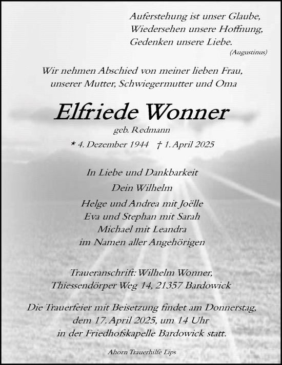 Anzeige von Elfriede Wonner von LZ