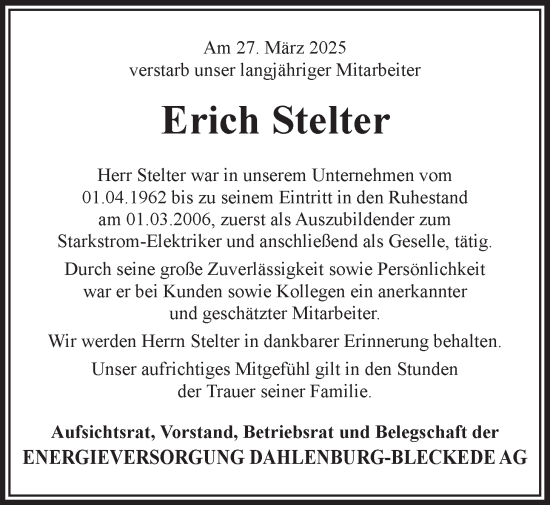 Anzeige von Erich Stelter von LZ