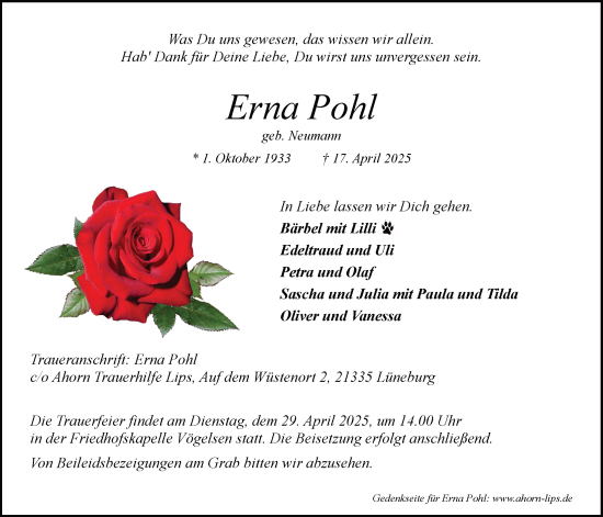 Anzeige von Erna Pohl von LZ