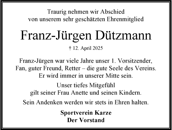 Anzeige von Franz-Jürgen Dützmann von LZ