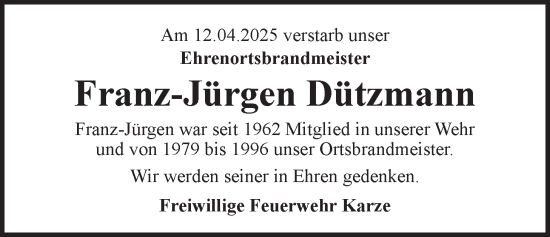 Anzeige von Franz-Jürgen Dützmann von LZ