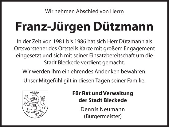 Anzeige von Franz-Jürgen Dützmann von LZ
