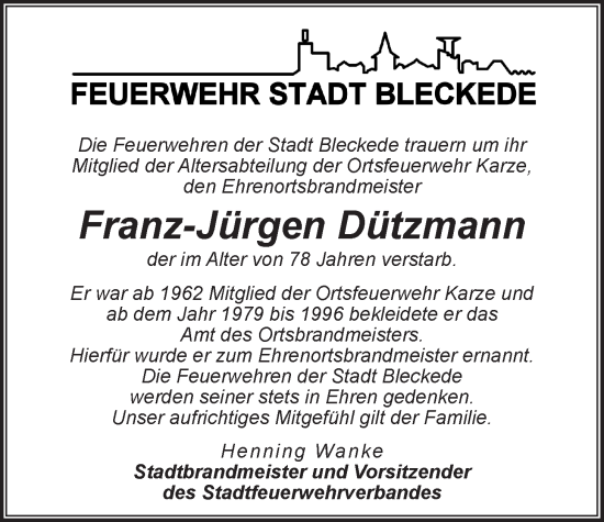 Anzeige von Franz-Jürgen Dützmann von LZ