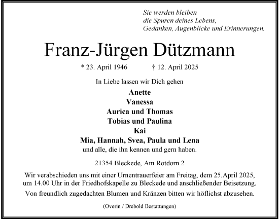 Anzeige von Franz-Jürgen Dützmann von LZ