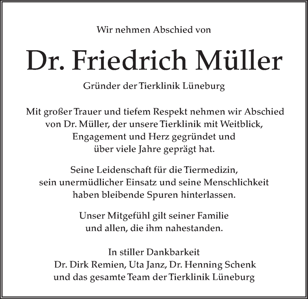  Traueranzeige für Friedrich Müller vom 26.04.2025 aus LZ