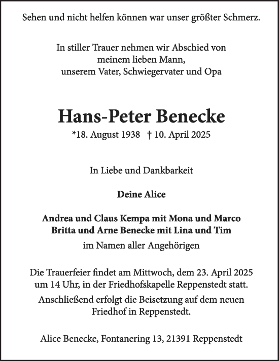 Anzeige von Hans-Peter Benecke von LZ