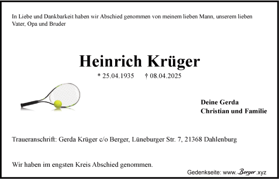Anzeige von Heinrich Krüger von LZ