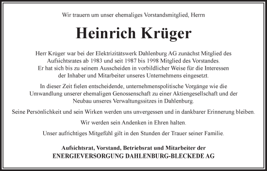 Anzeige von Heinrich Krüger von LZ