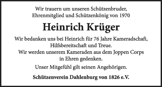 Anzeige von Heinrich Krüger von LZ