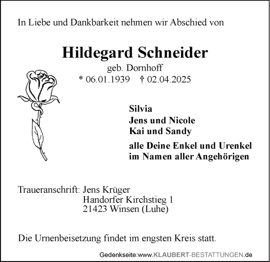 Anzeige von Hildegard Schneider von LZ