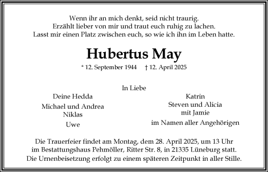 Anzeige von Hubertus May von LZ