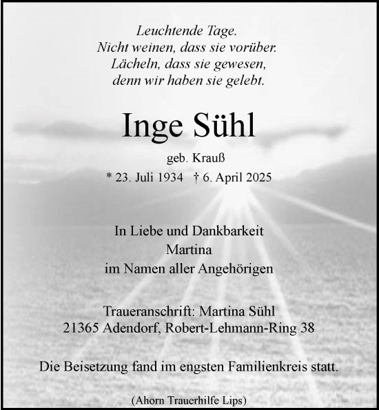 Anzeige von Inge Sühl von LZ