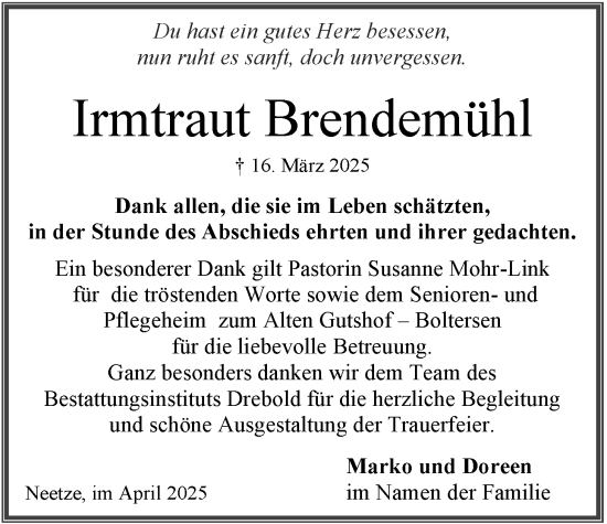 Anzeige von Irmtraut Brendemühl von LZ