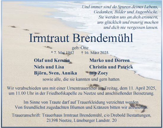 Anzeige von Irmtraut Brendemühl von LZ