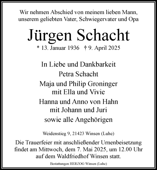 Anzeige von Jürgen Schacht von LZ