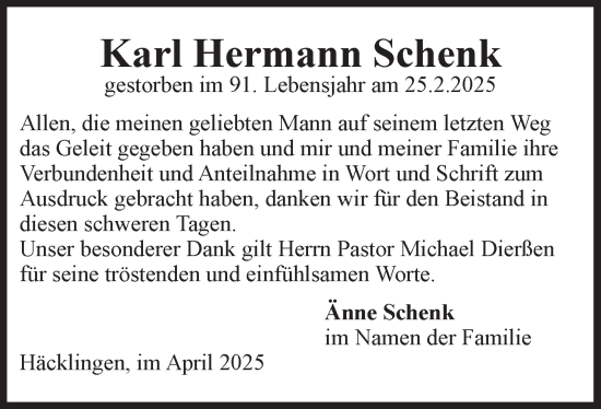 Anzeige von Karl Hermann Schenk von LZ